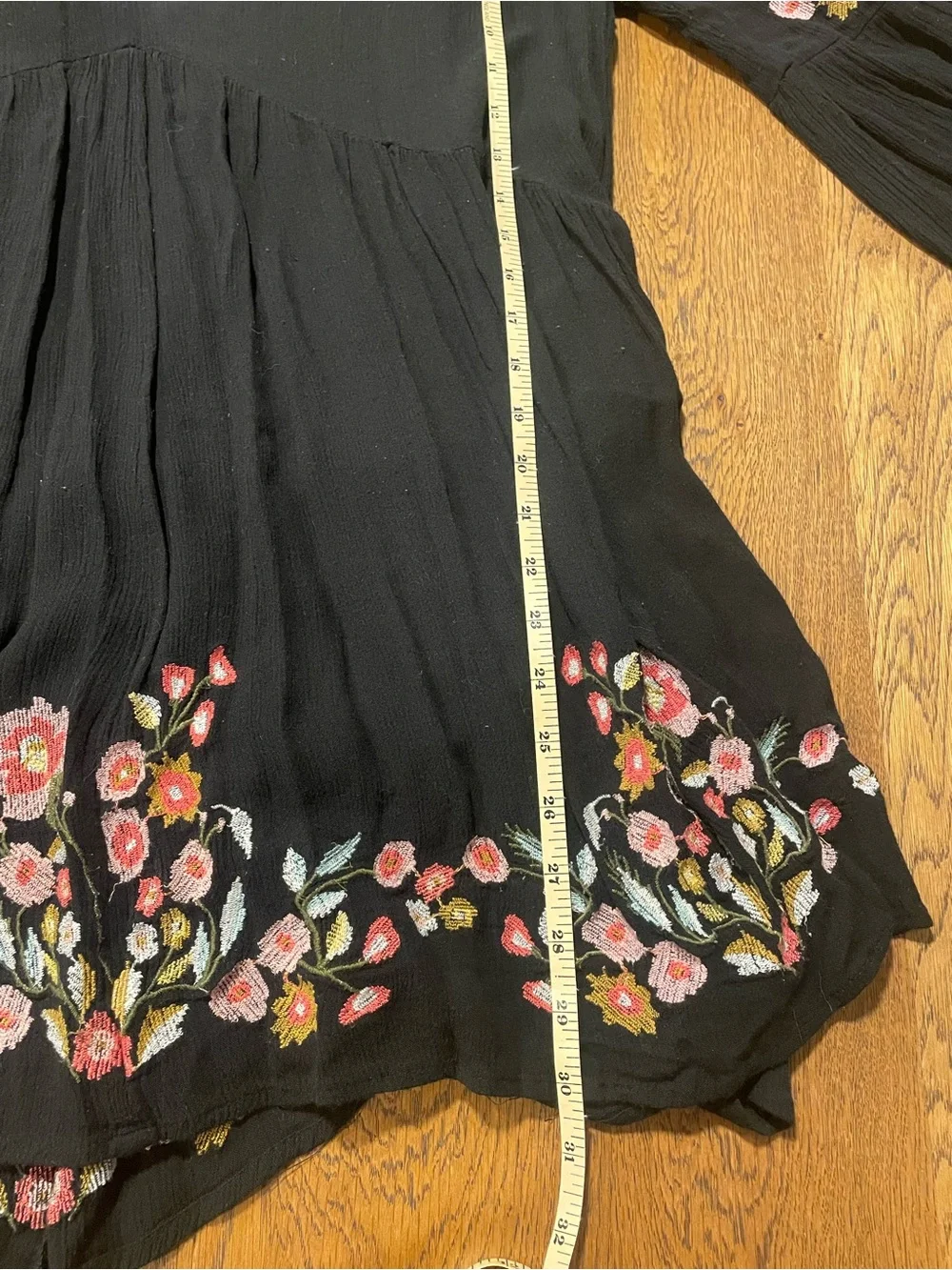 Free People Black Mini Dress with Pink Floral Embroidery